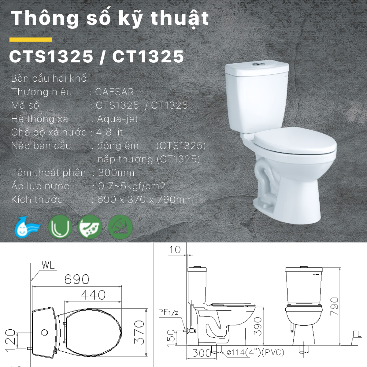 Bồn cầu hai khối Caesar CT1325