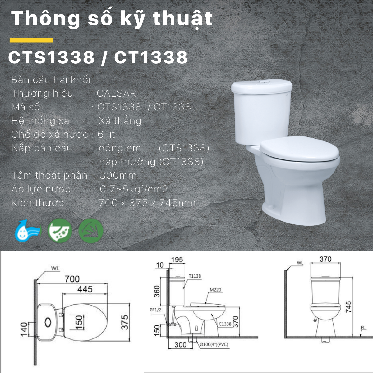 Bồn cầu hai khối Caesar CT1338