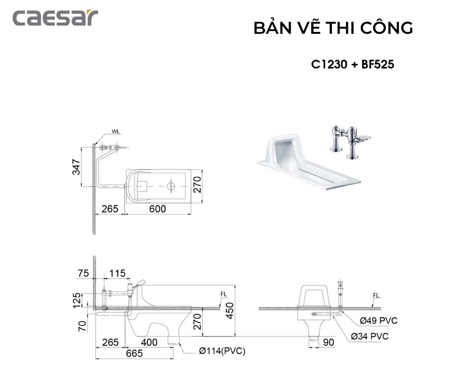 Bồn cầu xổm Caesar C1230 + Xả gạt tay BF525A (Xí xổm)