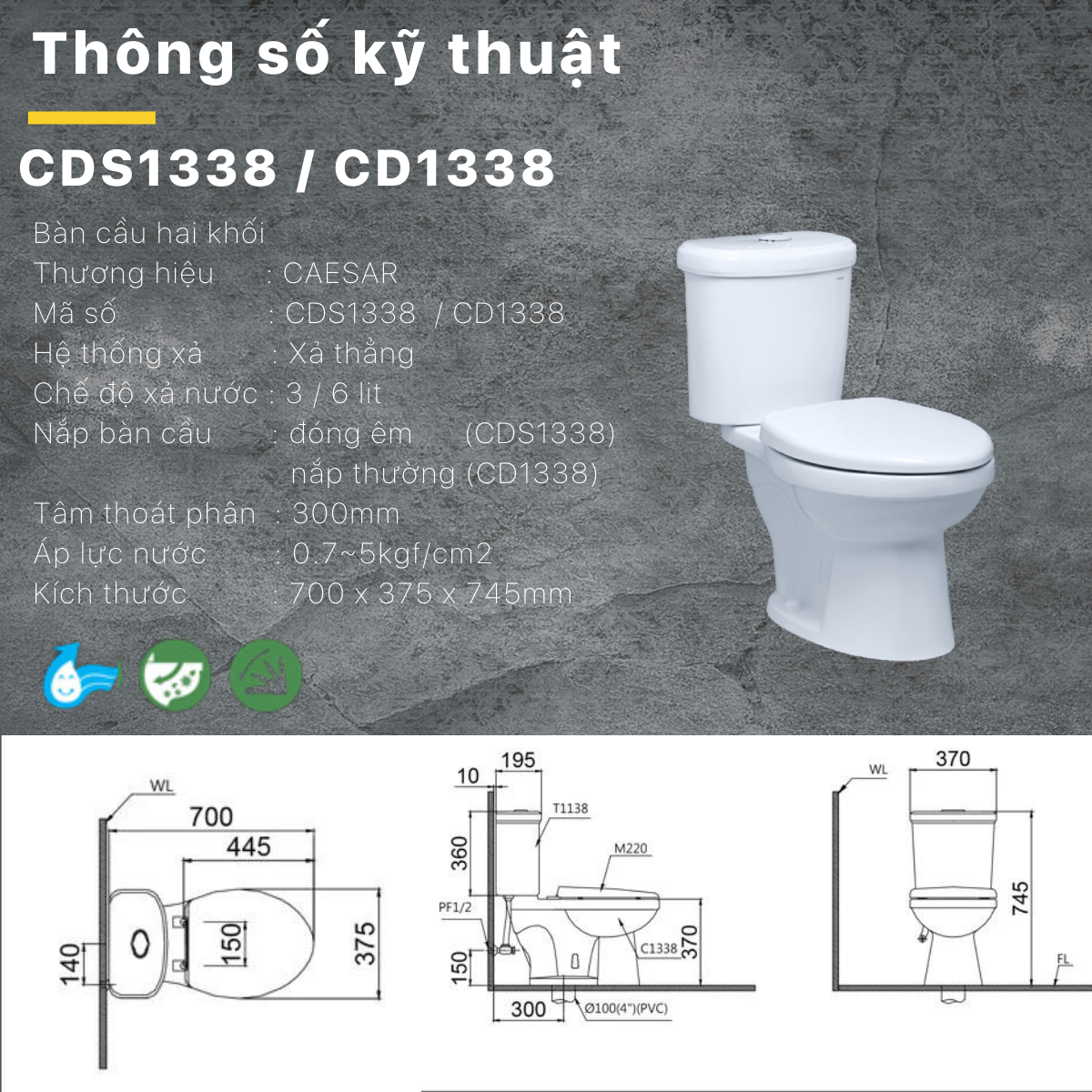 Bồn cầu hai khối Caesar CD1338