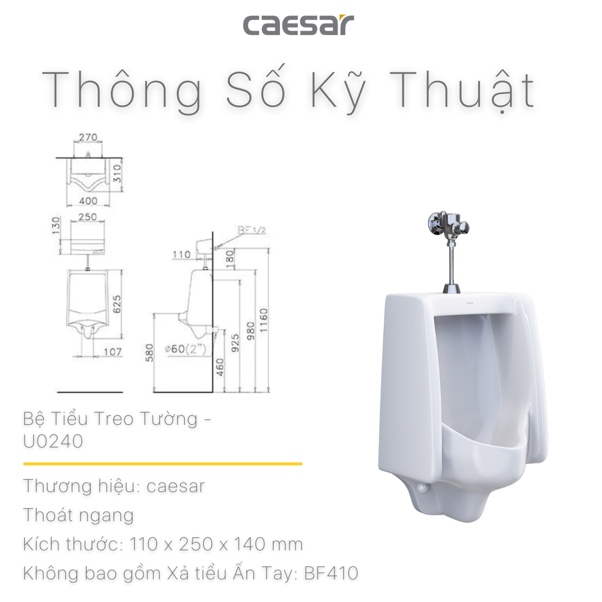 Bệ tiểu nam Caesar U0240 + Xả tiểu cảm ứng A623