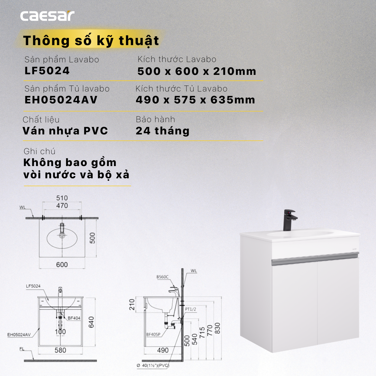 Lavabo và tủ treo tường Caesar LF5024 + EH05024AV