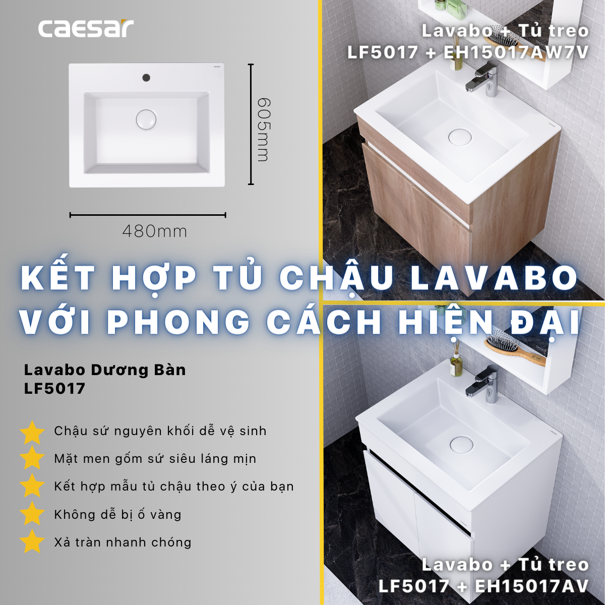 Lavabo và tủ treo tường Caesar LF5017 + EH15017AW7V