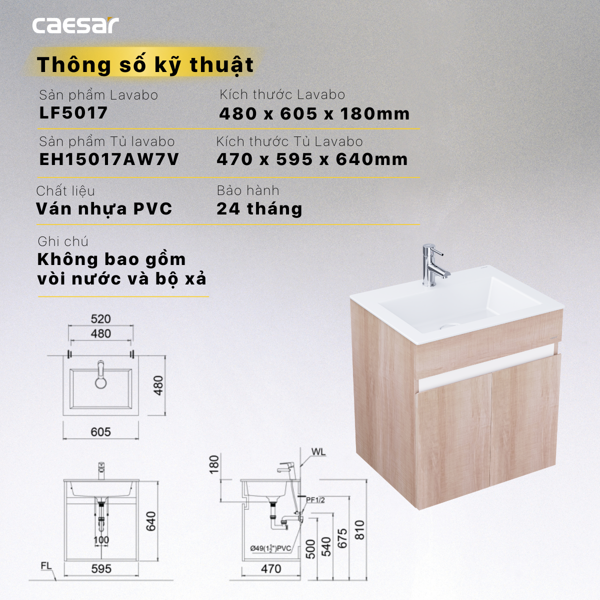 Lavabo và tủ treo tường Caesar LF5017 + EH15017AW7V