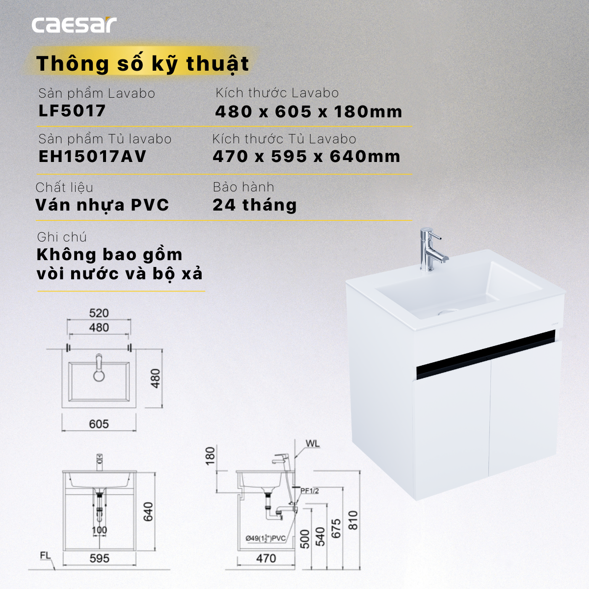 Lavabo và tủ treo tường Caesar LF5017 + EH15017AV