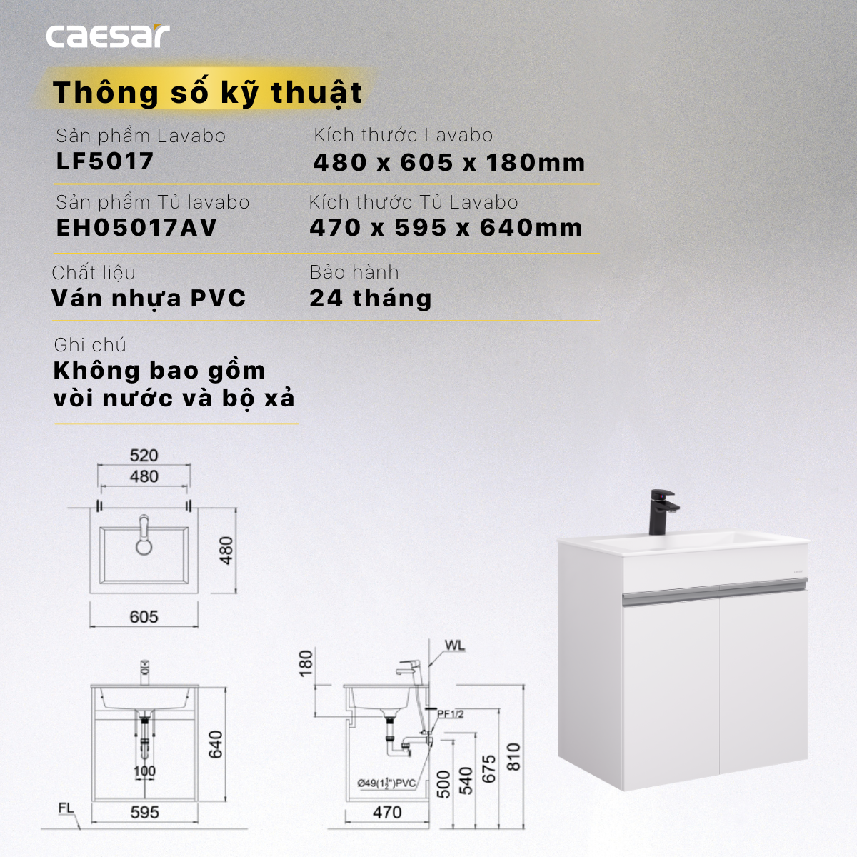 Lavabo và tủ treo tường Caesar LF5017 + EH05017AV