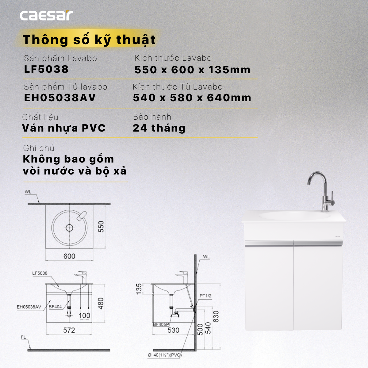 Lavabo và tủ treo tường Caesar LF5038 + EH05038AV