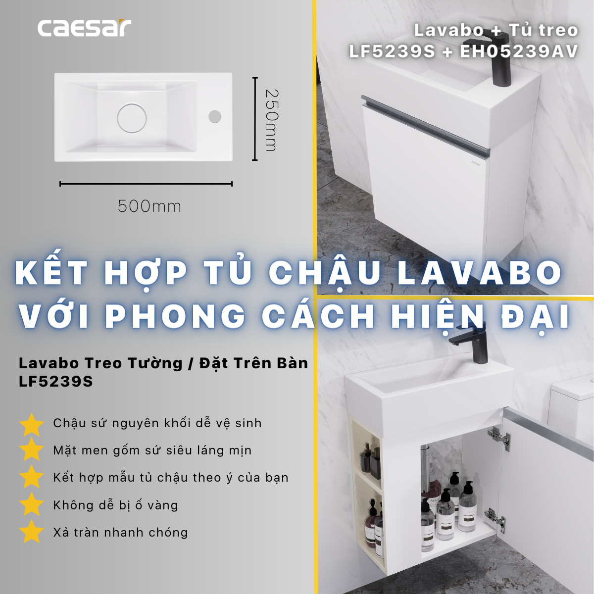 Lavabo và tủ treo tường Caesar LF5239S + EH05239AV