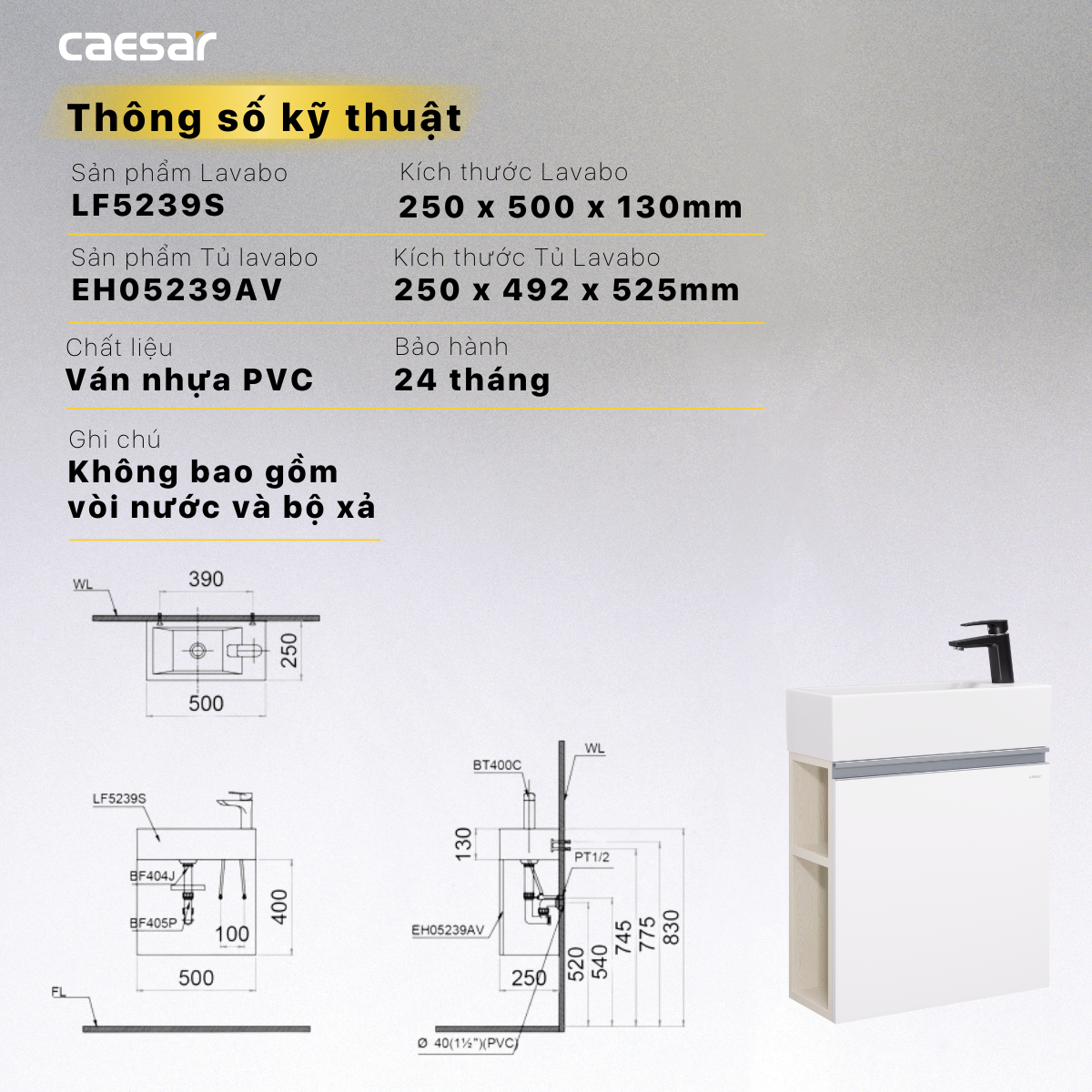 Lavabo và tủ treo tường Caesar LF5239S + EH05239AV