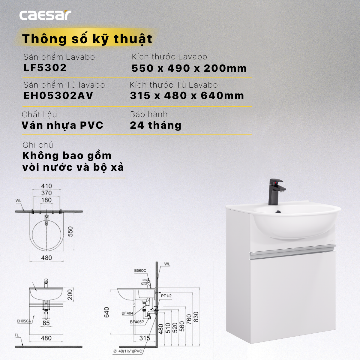 Lavabo và tủ treo tường Caesar LF5302 + EH05302AV