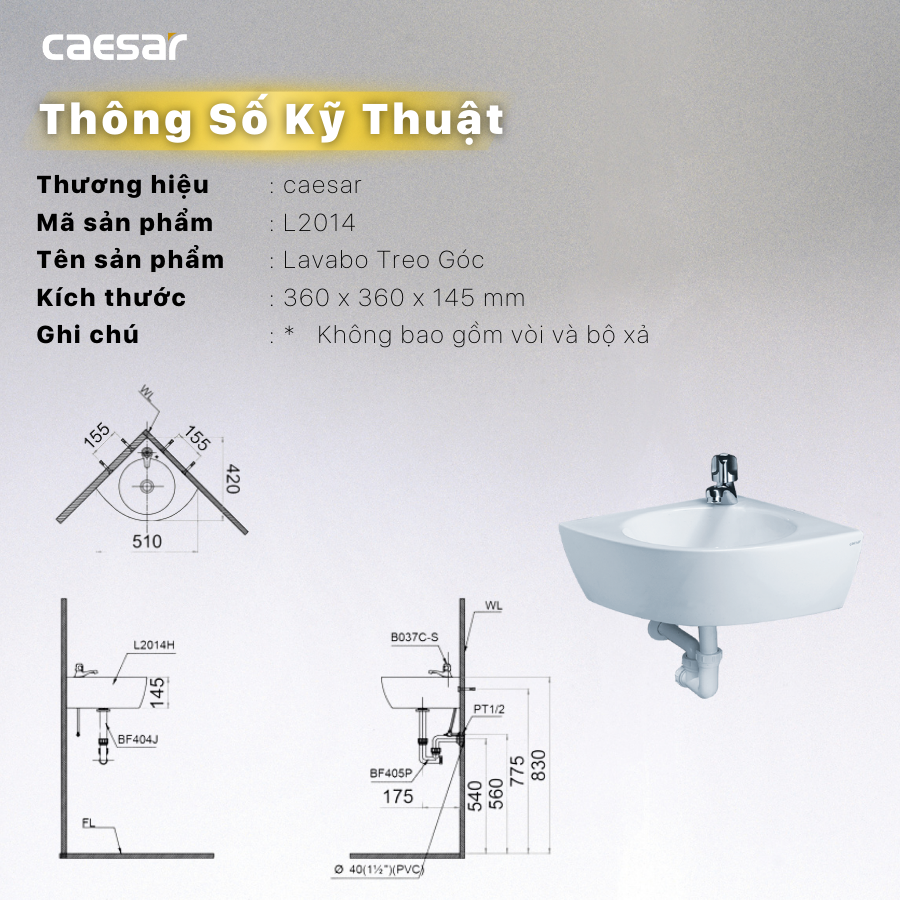 Chậu rửa Lavabo góc treo tường Caesar L2014