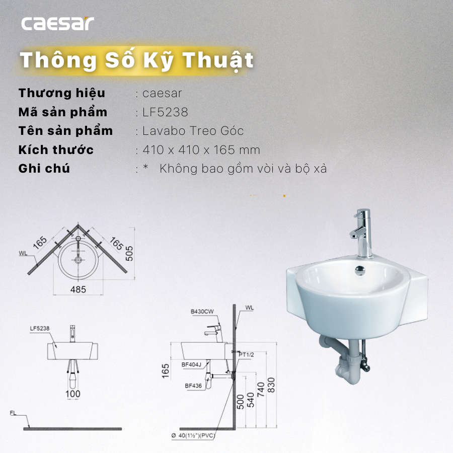 Chậu rửa Lavabo góc treo tường Caesar LF5238