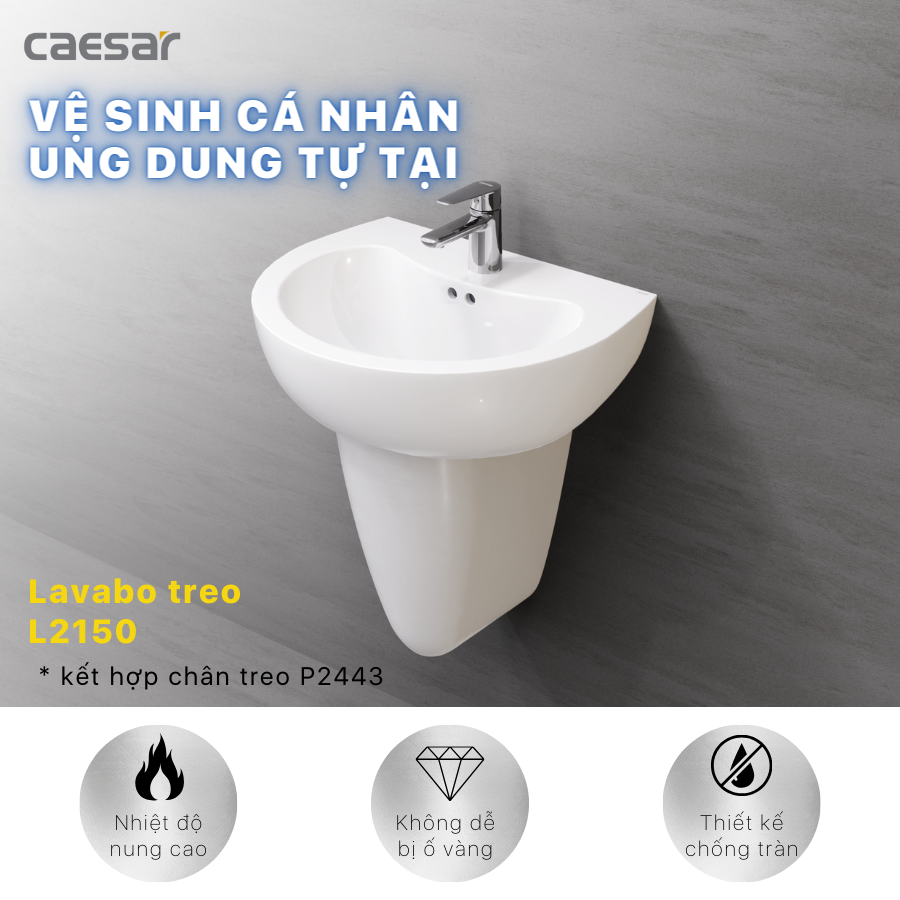 Chậu rửa Lavabo treo tường Caesar L2150 + Chân chậu ngắn P2443