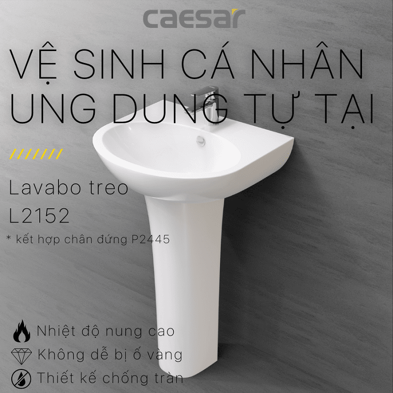 Chậu rửa Lavabo treo tường Caesar L2152 + Chân chậu dài P2445