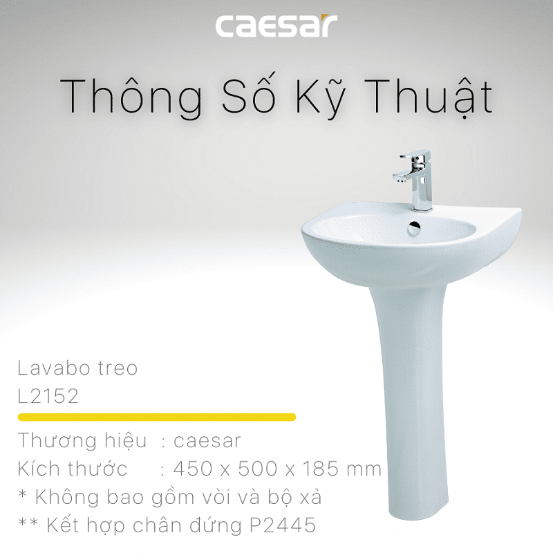 Chậu rửa Lavabo treo tường Caesar L2152 + Chân chậu dài P2445