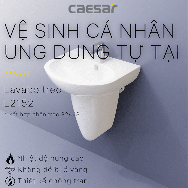 Chậu rửa Lavabo treo tường Caesar L2152 + Chân chậu ngắn P2443