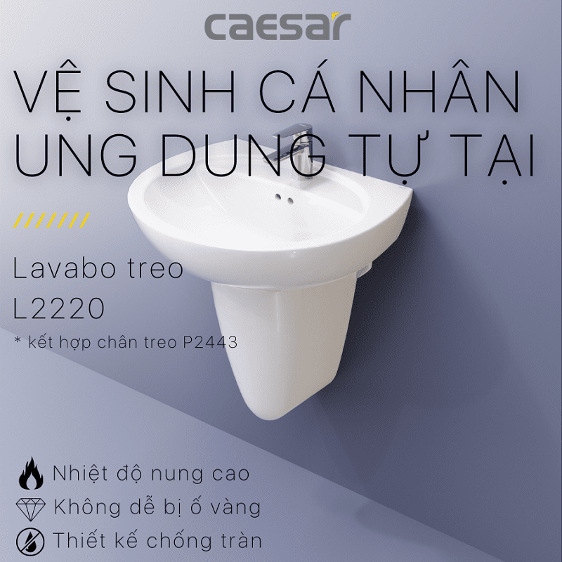 Chậu rửa Lavabo treo tường Caesar L2220 + Chân chậu ngắn P2443