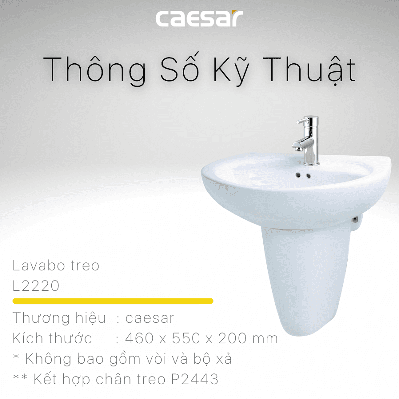 Chậu rửa Lavabo treo tường Caesar L2220 + Chân chậu ngắn P2443