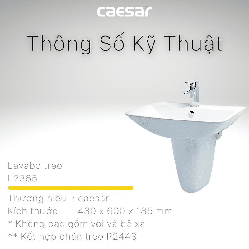 Chậu rửa Lavabo treo tường Caesar L2365 + Chân chậu ngắn P2443