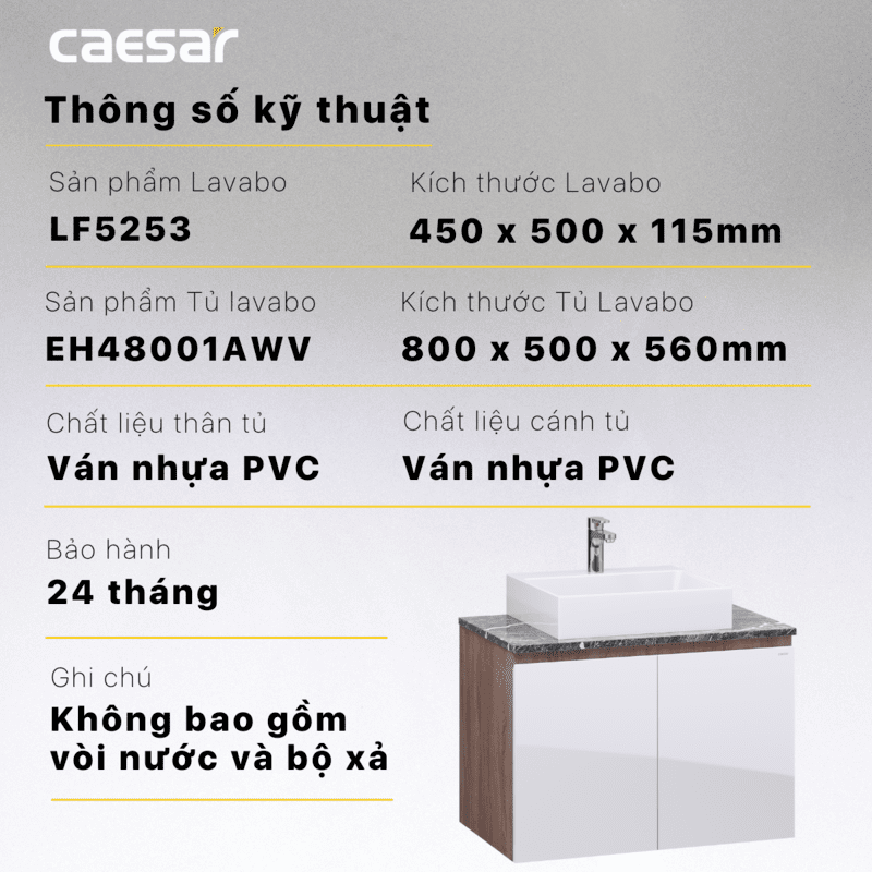 Chậu rửa Lavabo đặt bàn Caesar LF5253 và tủ treo EH48001AWV