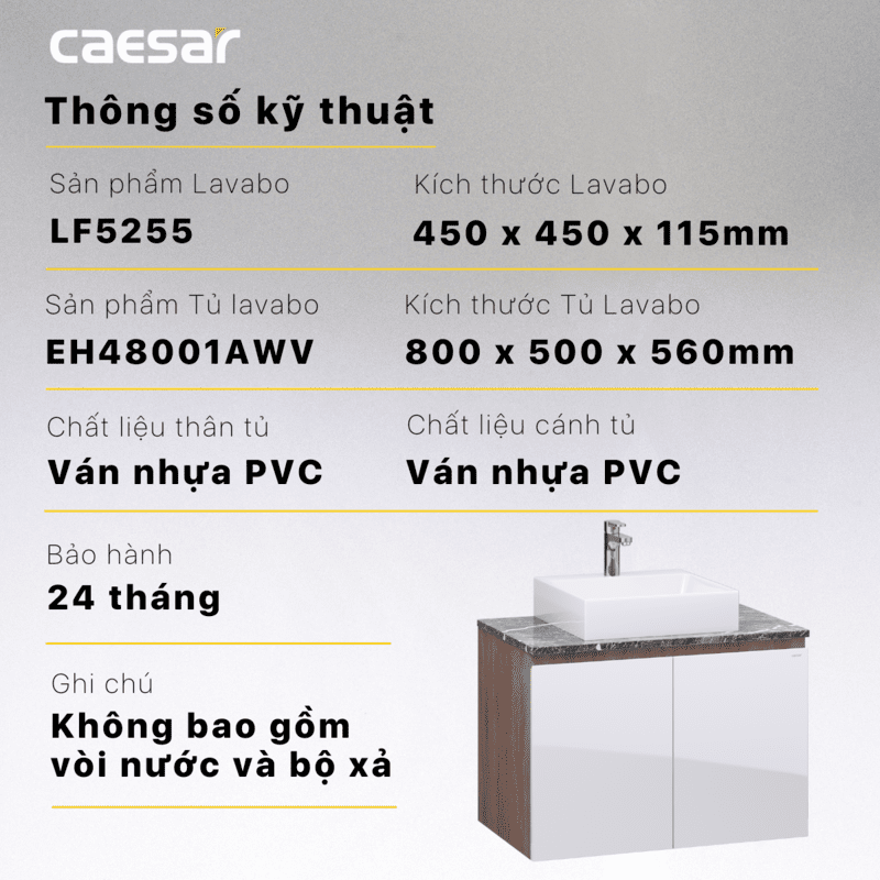 Chậu rửa Lavabo đặt bàn Caesar LF5255 và tủ treo EH48001AWV