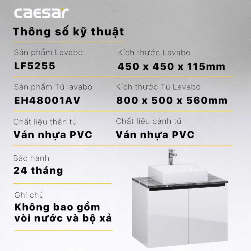 Chậu rửa Lavabo đặt bàn Caesar LF5255 và tủ treo EH48001AV