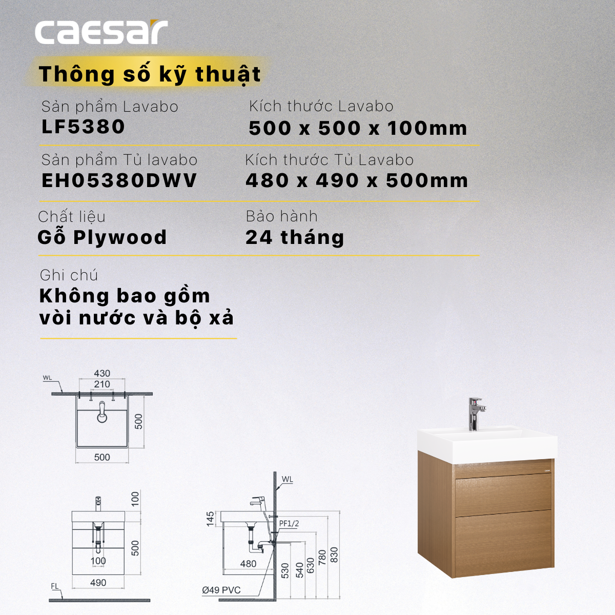 Chậu rửa Lavabo đặt bàn Caesar LF5380 và tủ treo EH05380DWV