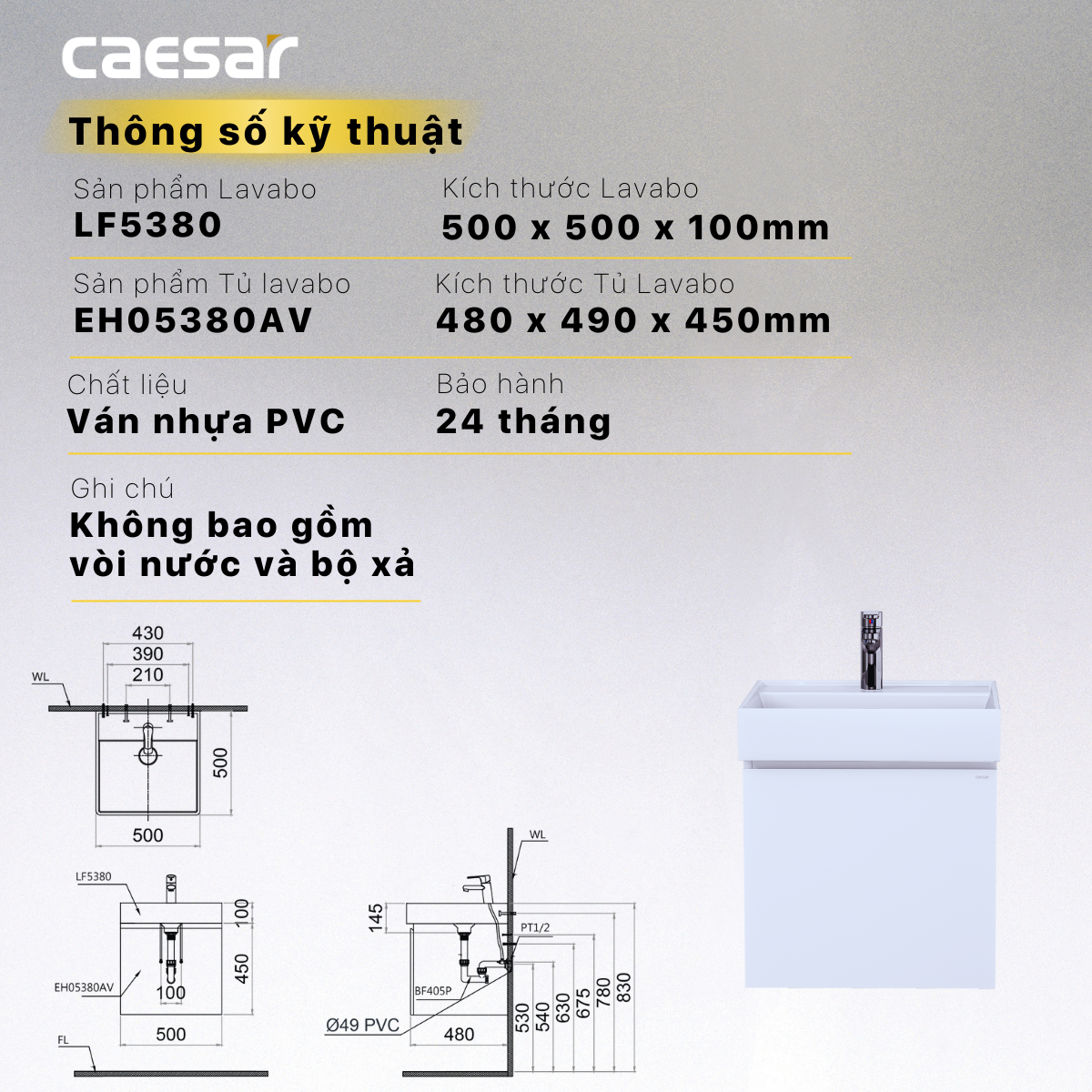 Chậu rửa Lavabo đặt bàn Caesar LF5380 và tủ treo EH05380AV