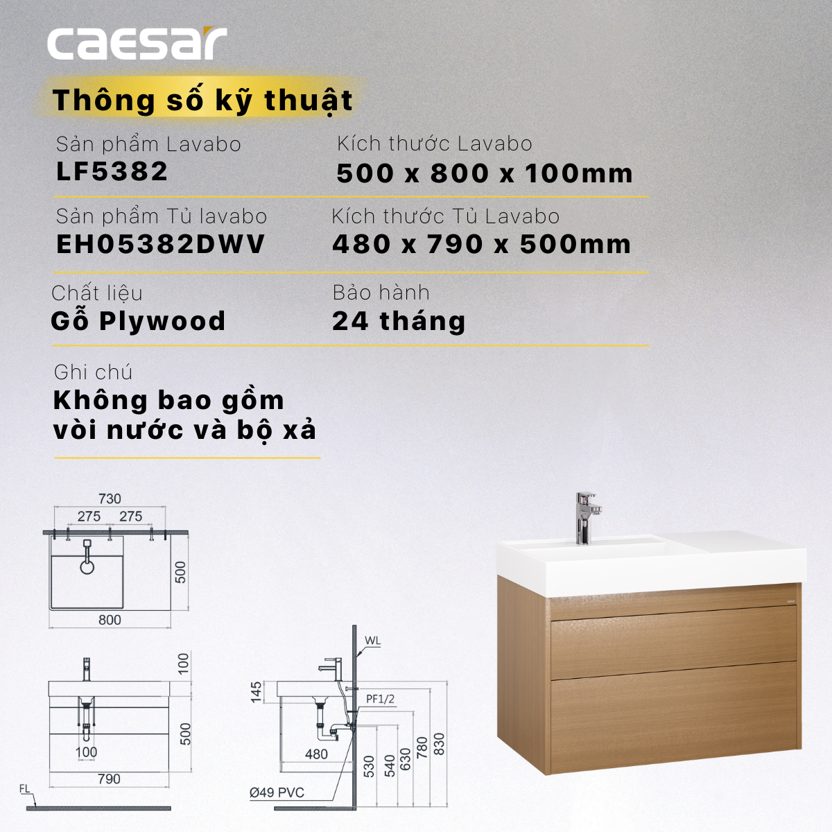 Chậu rửa Lavabo đặt bàn Caesar LF5382 và tủ treo cao cấp EH05382DWV