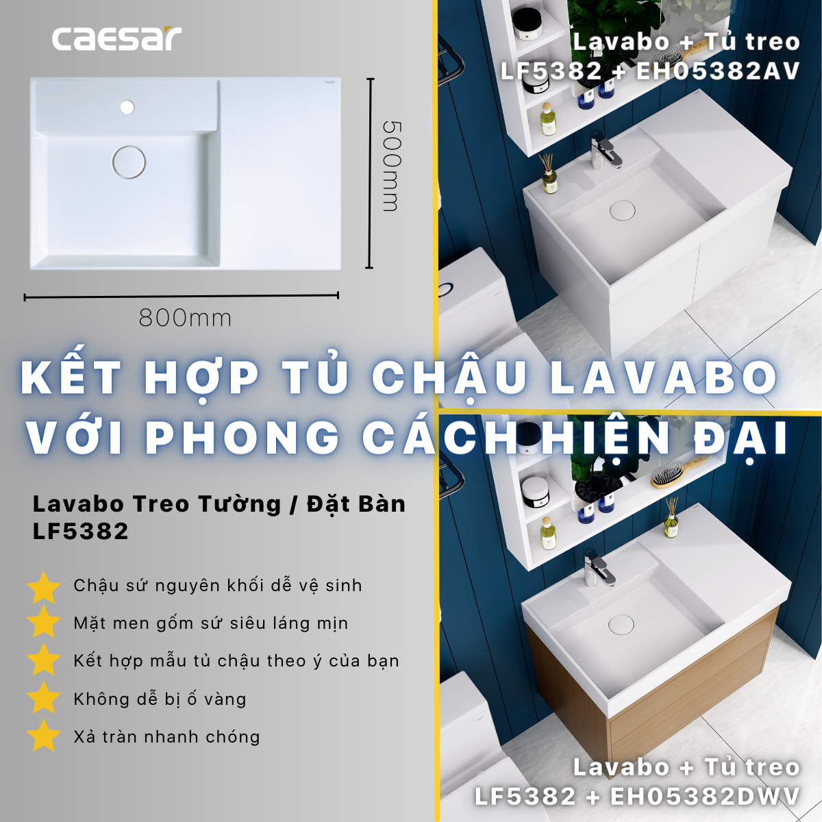 Chậu rửa Lavabo đặt bàn Caesar LF5382 và tủ treo EH05382AV