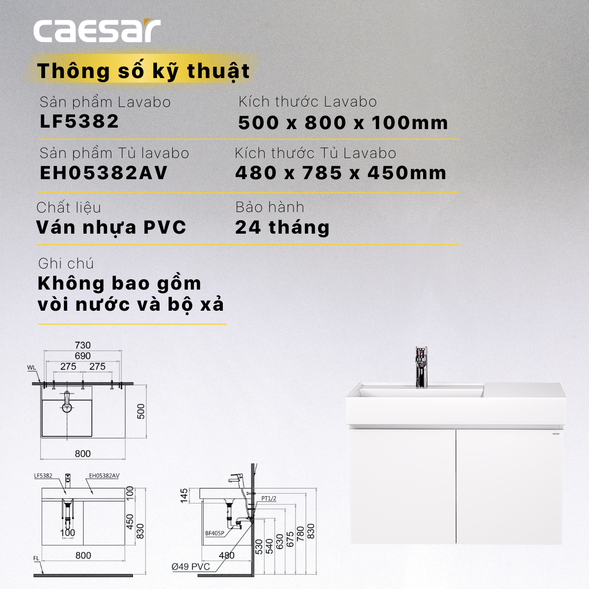 Chậu rửa Lavabo đặt bàn Caesar LF5382 và tủ treo EH05382AV