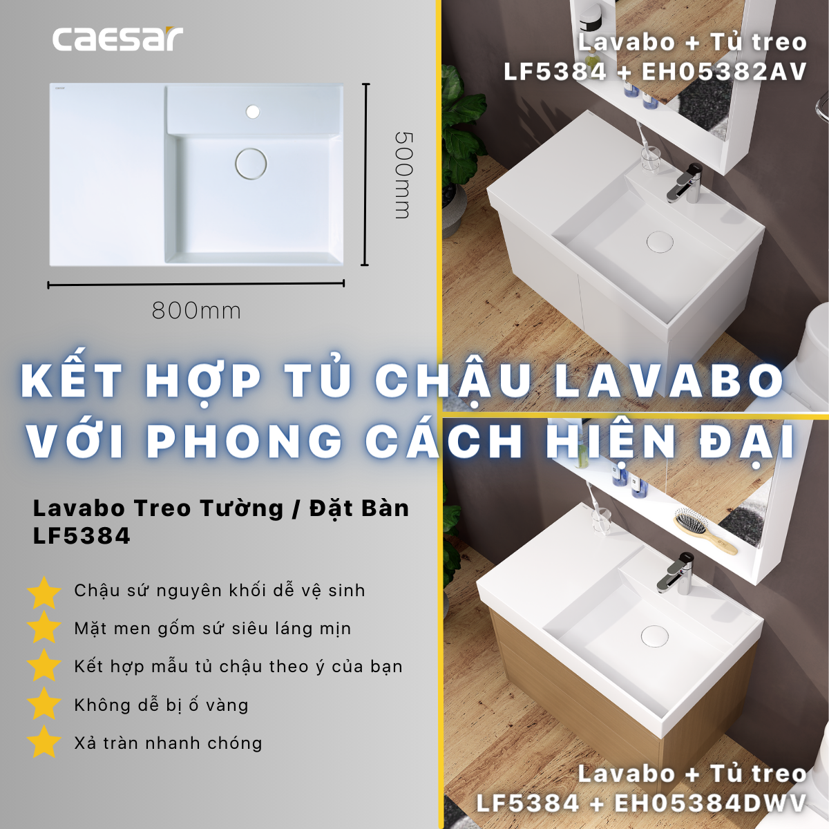 Chậu rửa Lavabo đặt bàn Caesar LF5384 và tủ treo EH05384DWV