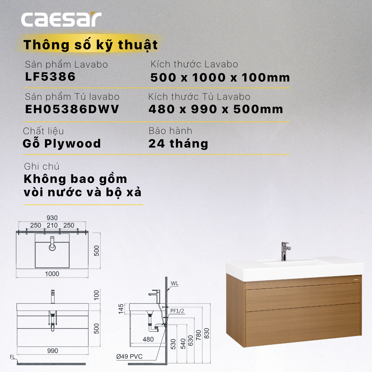 Chậu rửa Lavabo đặt bàn Caesar LF5386 và tủ treo EH05386DWV