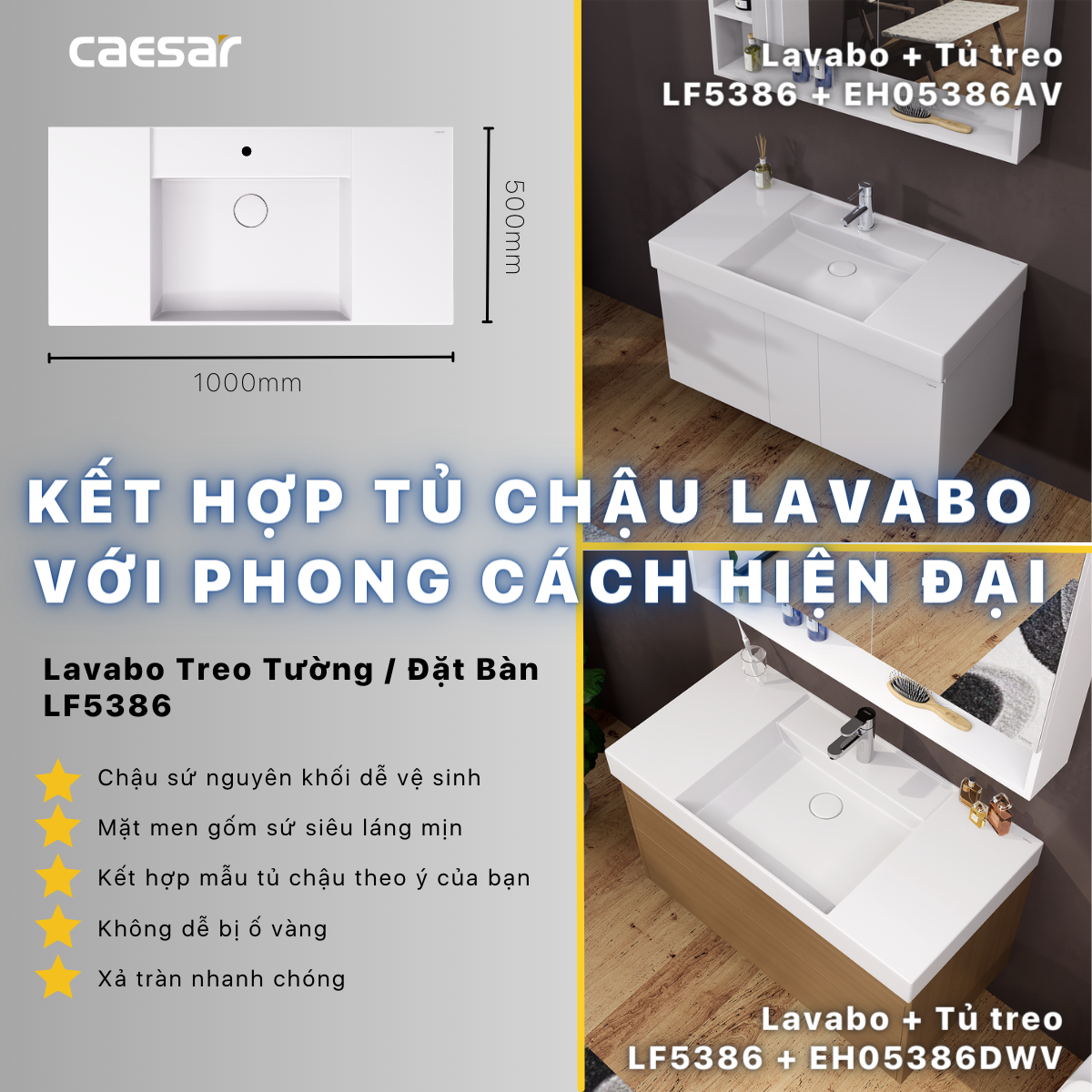 Chậu rửa Lavabo đặt bàn Caesar LF5386 và tủ treo EH05386AV