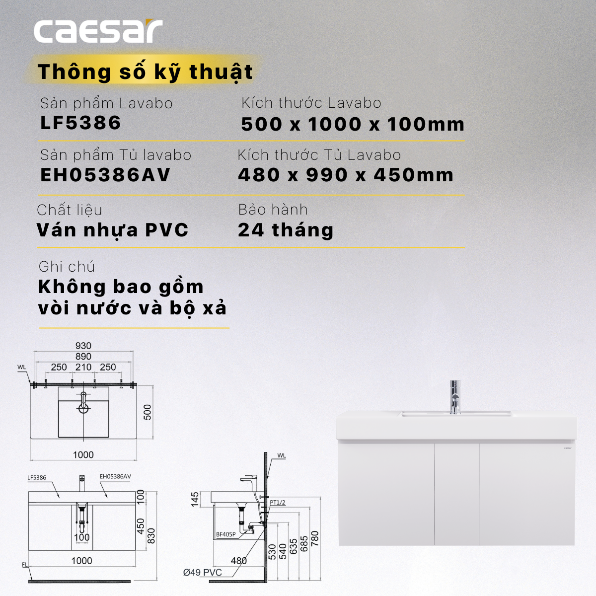 Chậu rửa Lavabo đặt bàn Caesar LF5386 và tủ treo EH05386AV