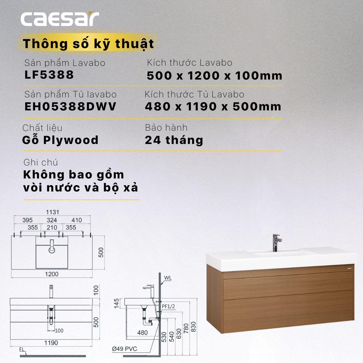 Chậu rửa Lavabo đặt bàn Caesar LF5388 và tủ treo tường EH05388DWV