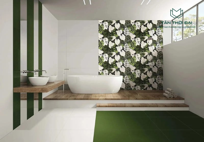 Gạch ốp tường 40x80 cho phòng tắm họa tiết xanh mát