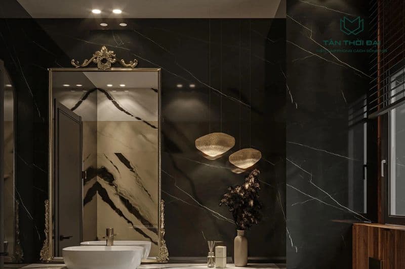 Mẫu gạch ốp tường 600x1200 tone màu đen cho phòng tắm