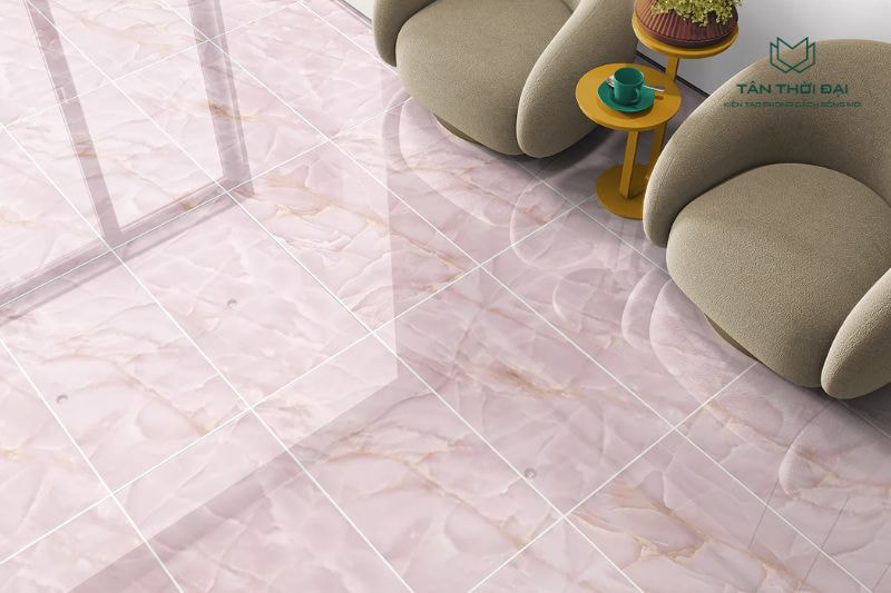 Mẫu gạch marble màu hồng cho không gian phòng khách